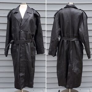 Vintage 90s y2k Vampire Black Leather Double Breasted Belted Trench Coat XL